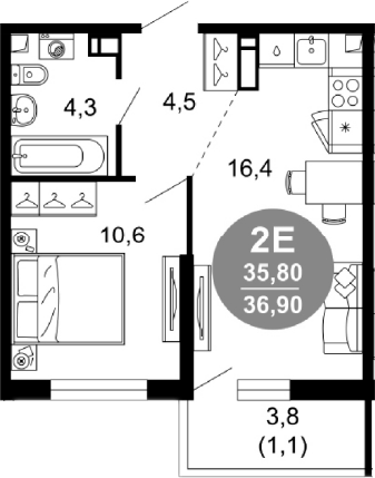 2-комн., 35.8 м², 2/17 этаж, ЖК «Лестория»