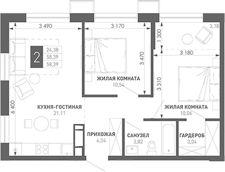 2-комн., 61.58 м², 16/18 этаж, ЖК «Иначе в Молодежном»