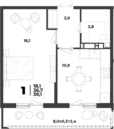 1-комн., 36.7 м², 7/9 этаж, ЖК «Лето»