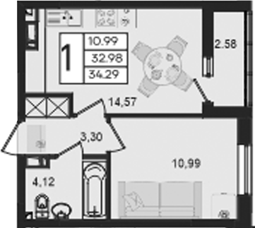 1-комн., 32.98 м², 5/9 этаж, ЖК «Дом 101»