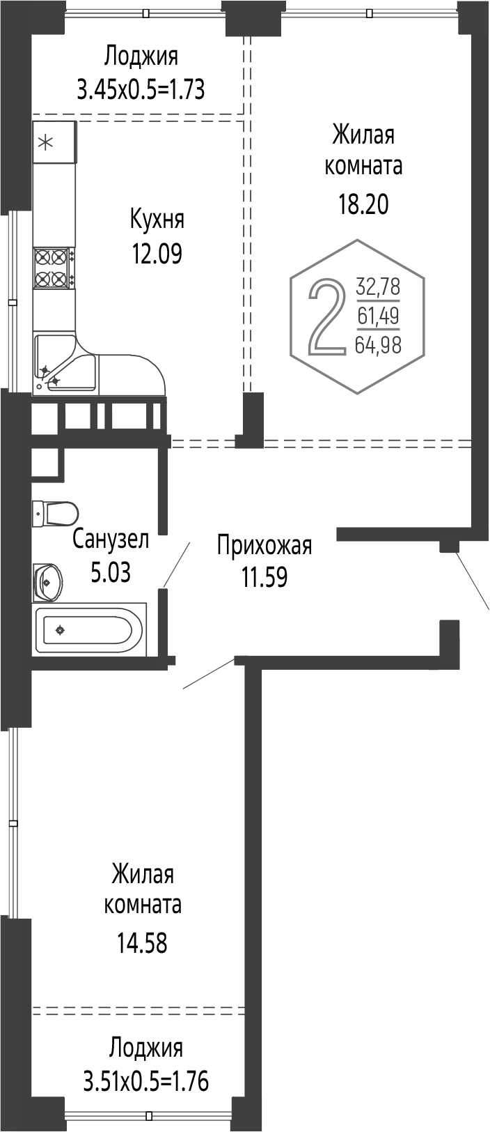 2-комн., 61.49 м², 22/24 этаж, ЖК «Гарантия PRIME»