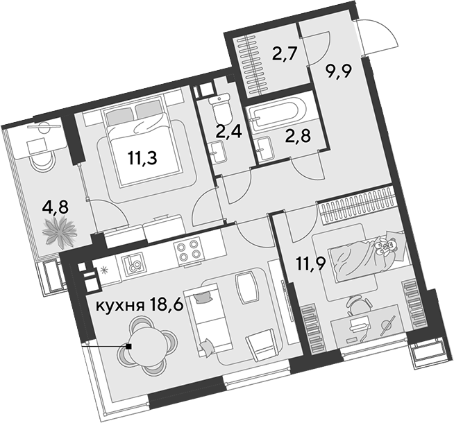 3-комн., 59.6 м², 9/18 этаж, ЖК «Парк Победы»