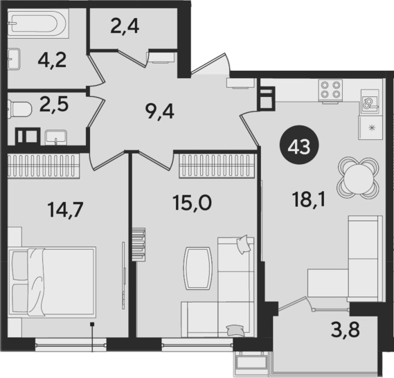 3-комн., 66.3 м², 4/9 этаж, ЖК «Парк Победы»
