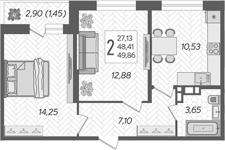 2-комн., 48.41 м², 10/12 этаж, ЖК «Смородина»