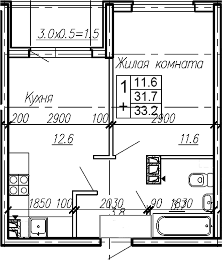1-комн., 31.7 м², 2/4 этаж, ЖК «Эво»