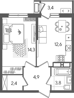 1-комн., 38 м², 24/24 этаж, ЖК «Рекорд»