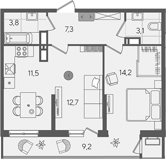 2-комн., 52.6 м², 24/24 этаж, ЖК «Рекорд»