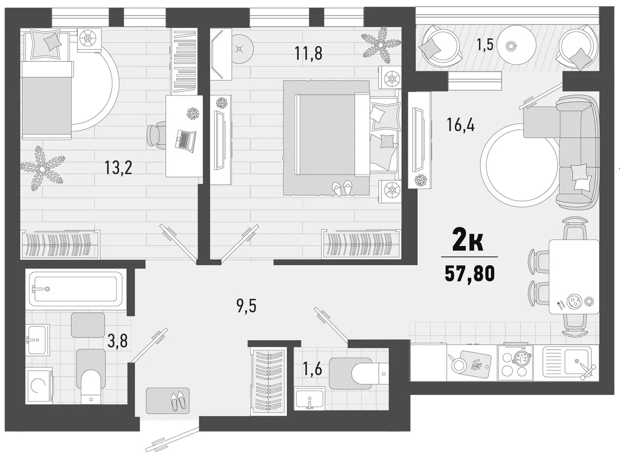 Продается 2-комн. квартира, 56.3 м²