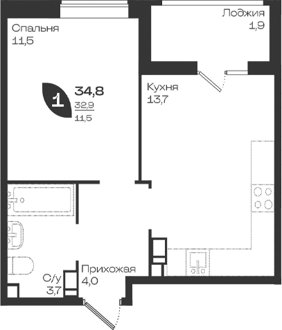 1-комн., 32.9 м², 11/18 этаж, ЖК «Ботаника»
