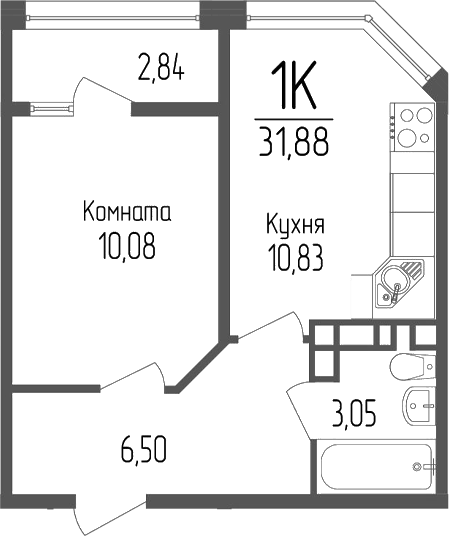 1-комн., 30.46 м², 3/16 этаж, ЖК «Портрет 2»