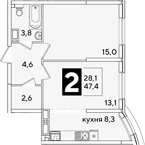 2-комн., 47.4 м², 11/16 этаж, ЖК «Самолет»