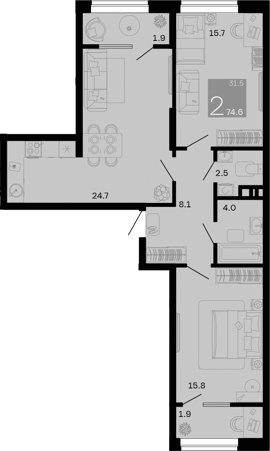 2-комн., 70.8 м², 5/9 этаж, ЖК «Хозяин Морей»