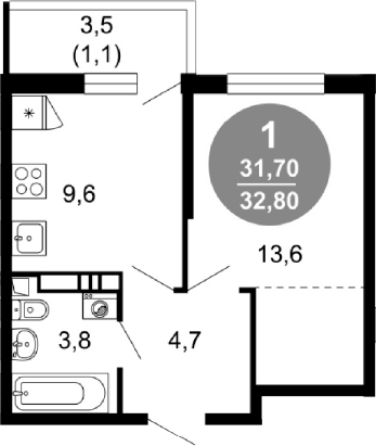 1-комн., 31.7 м², 2/17 этаж, ЖК «Лестория»