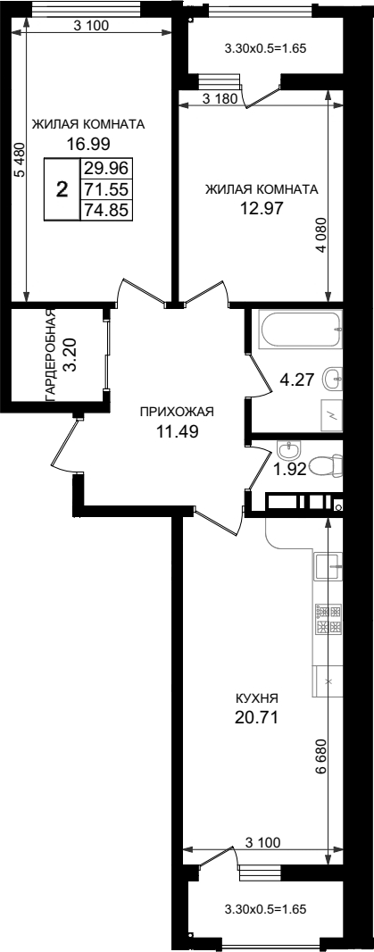 2-комн., 71.55 м², 2/8 этаж, ЖК «Резиденция морей»
