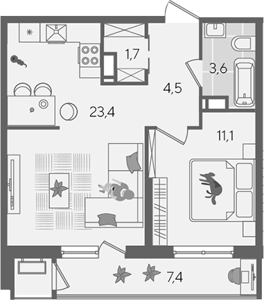 2-комн., 44.3 м², 24/24 этаж, ЖК «Рекорд»