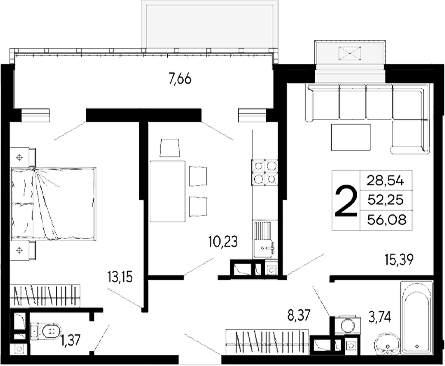 Продается 2-комн. квартира, 52.25 м²