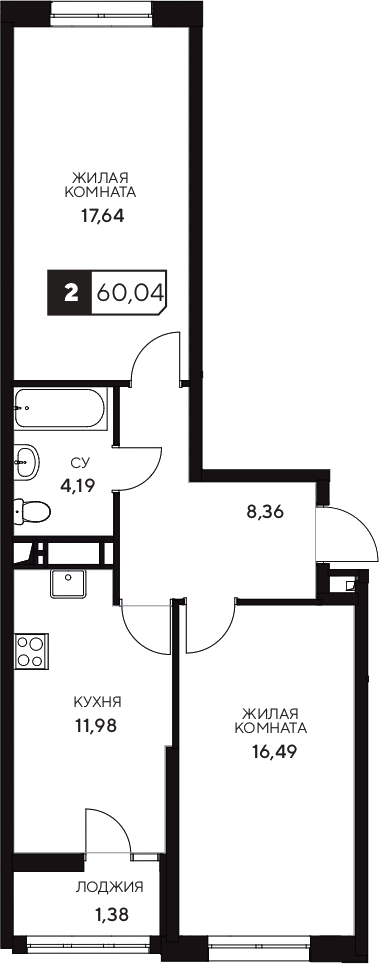 Продается 2-комн. квартира, 58.66 м²