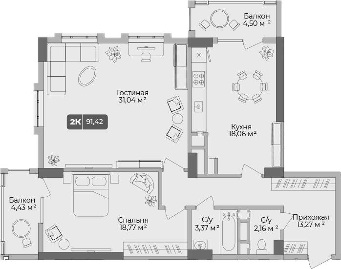 2-комн., 88.74 м², 11/17 этаж, ЖК «Золотой берег. СЗ Среда»