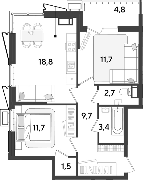 3-комн., 59.4 м², 18/18 этаж, ЖК «Парк Победы»