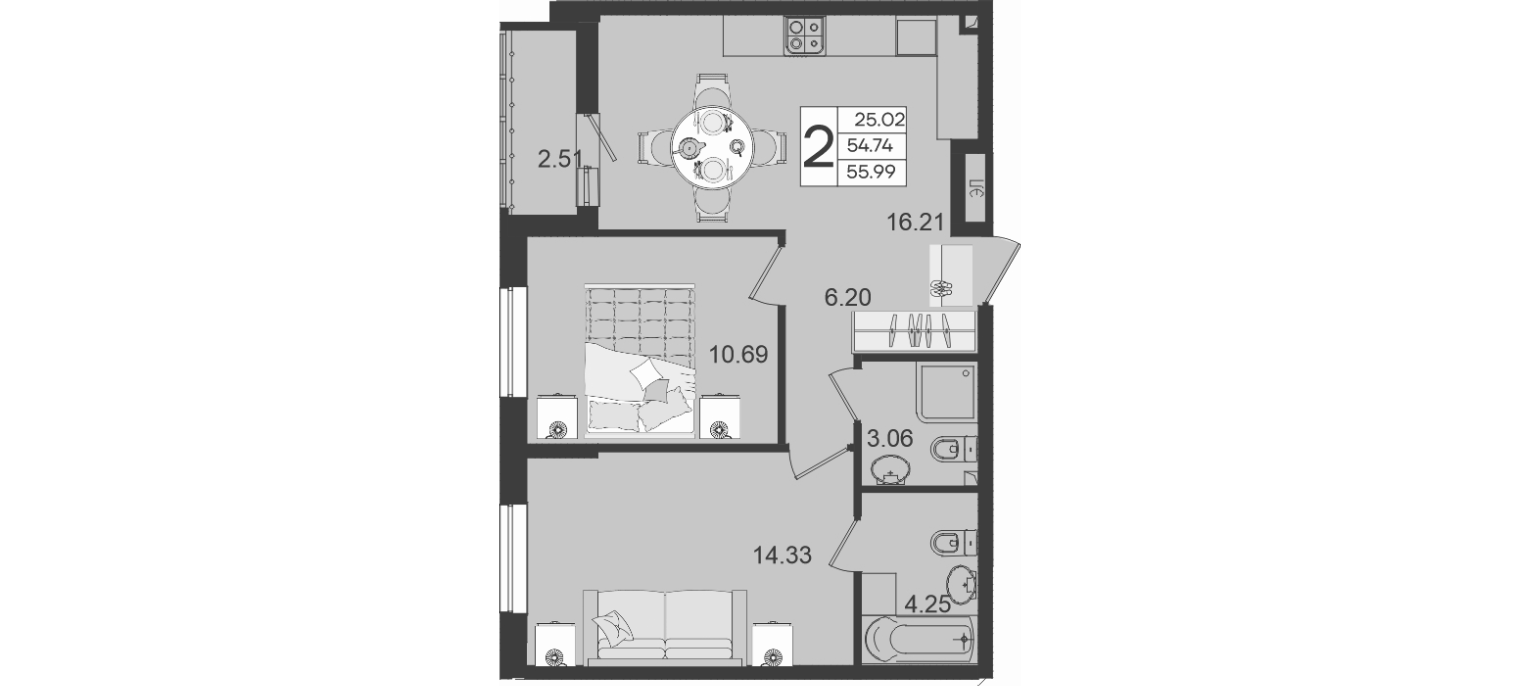 Продается 2-комн. квартира, 54.74 м²