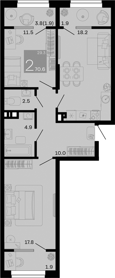 2-комн., 64.9 м², 3/9 этаж, ЖК «Хозяин Морей»