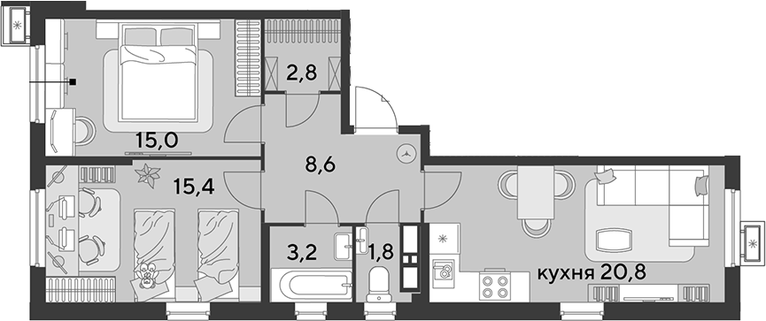 3-комн., 67.6 м², 14/18 этаж, ЖК «Парк Победы»