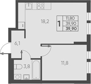 1-комн., 39.9 м², 15/15 этаж, ЖК «Барса»