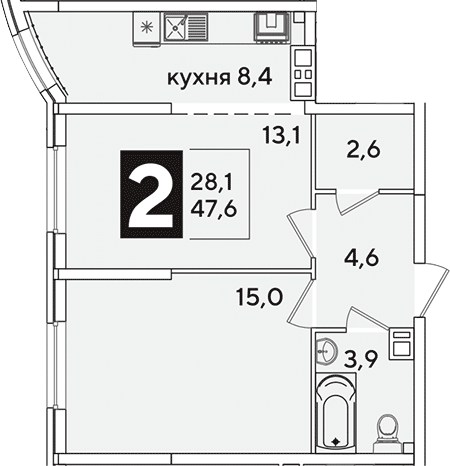 2-комн., 47.6 м², 9/16 этаж, ЖК «Самолет»