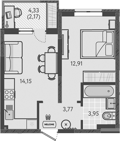 1-комн., 34.78 м², 12/18 этаж, ЖК «Теплые края»