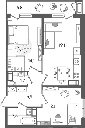 3-комн., 57.5 м², 14/24 этаж, ЖК «Рекорд»