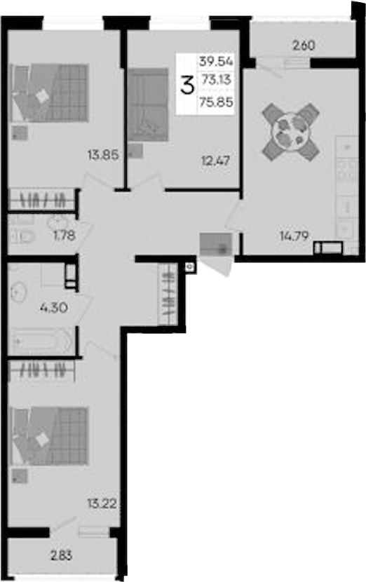 3-комн., 73.13 м², 9/9 этаж, ЖК «Дом 101»