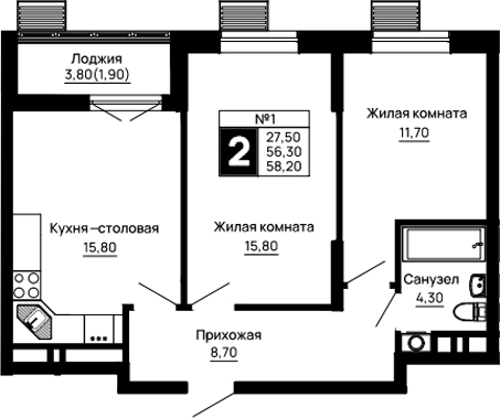 2-комн., 56.3 м², 3/16 этаж, ЖК «Традиции»