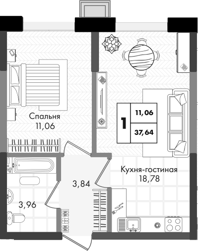 2-комн., 37.64 м², 7/9 этаж, ЖК «Зеленая территория»