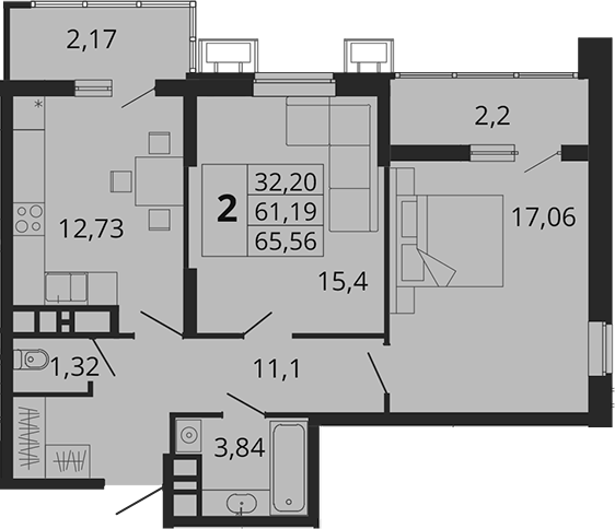 2-комн., 62.79 м², 3/18 этаж, ЖК «Родные Просторы»
