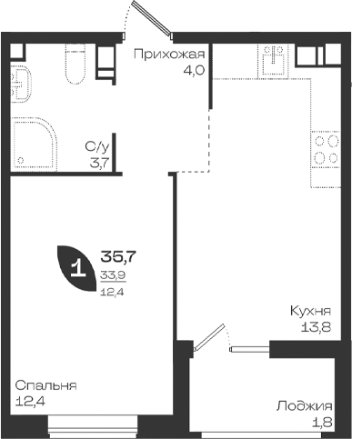Продается 1-комн. квартира, 33.9 м²
