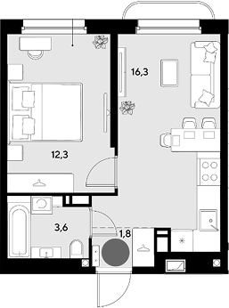 2-комн., 34 м², 10/18 этаж, ЖК «Грейд»