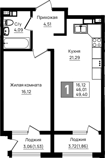 1-комн., 46.01 м², 2/9 этаж, ЖК «Резиденция морей»