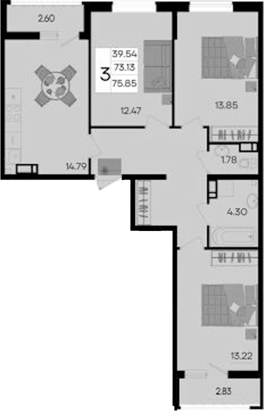 3-комн., 73.13 м², 8/9 этаж, ЖК «Дом 101»