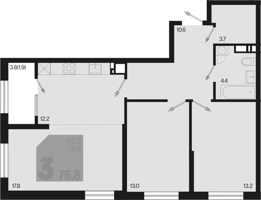 3-комн., 74.9 м², 5/18 этаж, ЖК «Первое место»