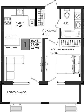 1-комн., 37.49 м², 2/8 этаж, ЖК «МОНО квартал»