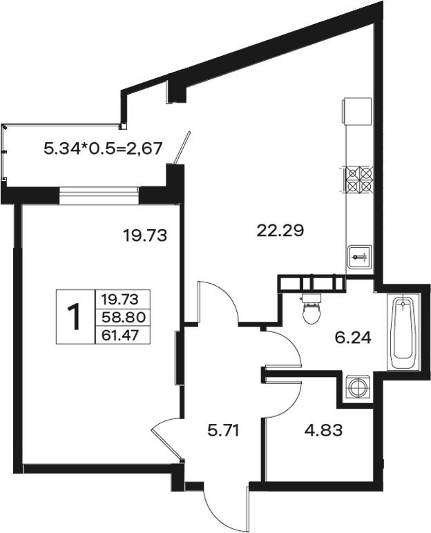 Продается 1-комн. квартира, 58.8 м²