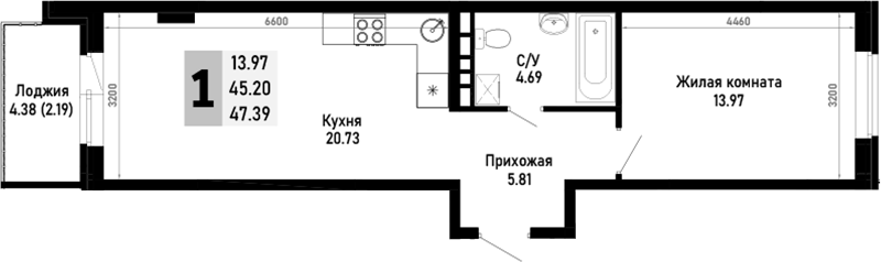 Продается 1-комн. квартира, 45.2 м²