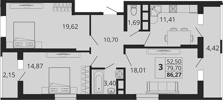 3-комн., 79.7 м², 8/18 этаж, ЖК «Родные Просторы»