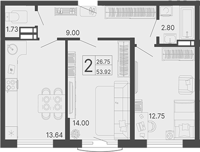 2-комн., 53.92 м², 13/17 этаж, ЖК «Светский лес»