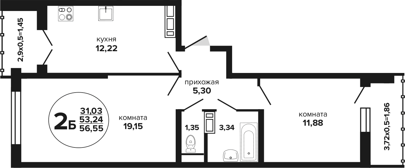 2-комн., 53.24 м², 10/24 этаж, ЖК «Гулливер»