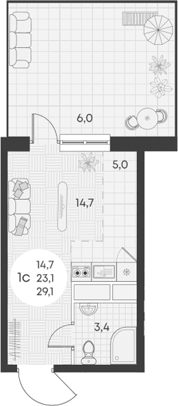 Студия, 23.1 м², 2/13 этаж, ЖК «Грин Эппл»