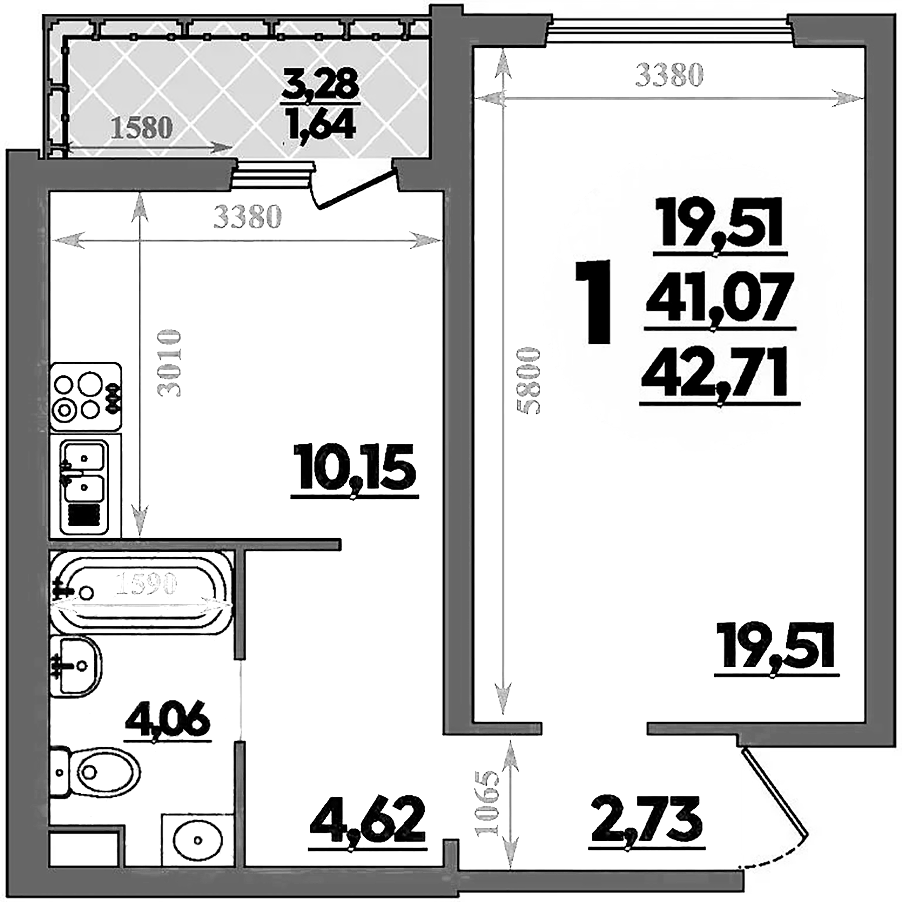 1-комн., 41.07 м², 1/9 этаж, ЖК «Предгорье Лаго-Наки»