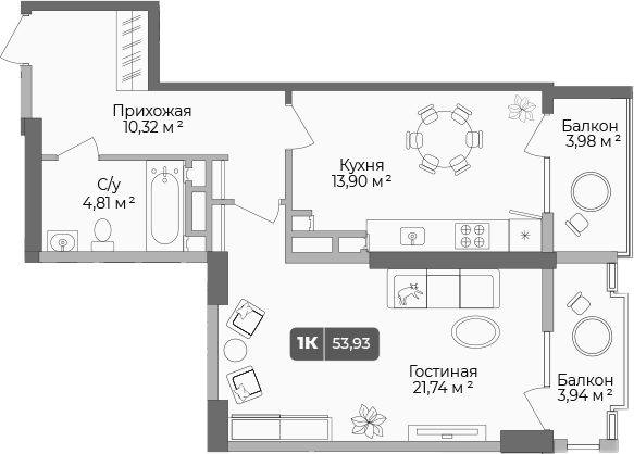 1-комн., 51.56 м², 4/17 этаж, ЖК «Золотой берег. СЗ Среда»