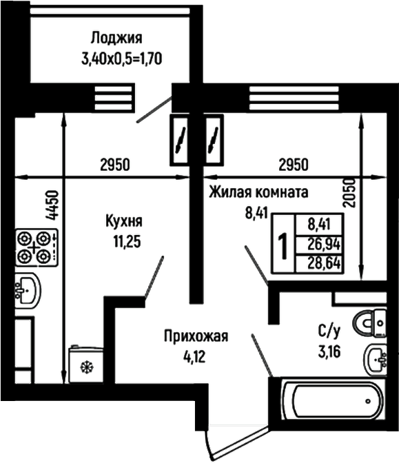 1-комн., 26.94 м², 8/9 этаж, ЖК «Ботаника Хиллс»