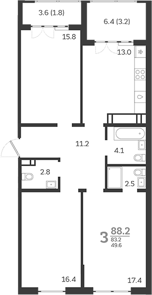 3-комн., 83.2 м², 24/24 этаж, ЖК «Все Свои VIP»